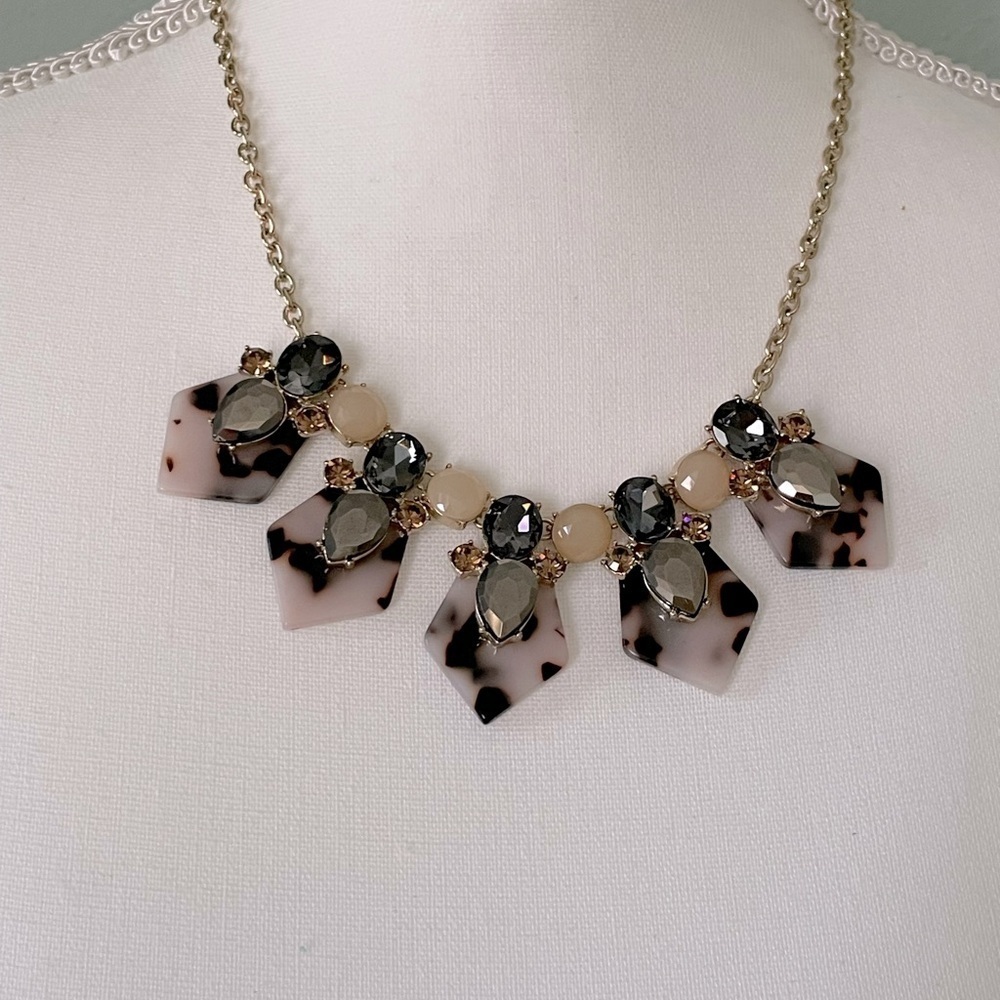 Ann Taylor Loft Art Deco Statement Necklace With Leopard Print And Gemstones